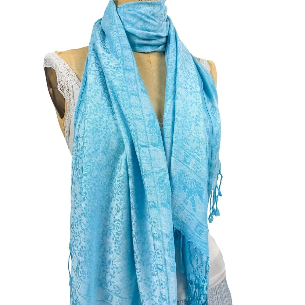 Boho Elephant Cashmere Pashmina Scarf Shawl Sky Blue Fringe Ethereal Timeless